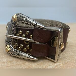 Vintage "Sand Castle" Green Leather Studded Belt Silver/Gold Buckle; L / 42”